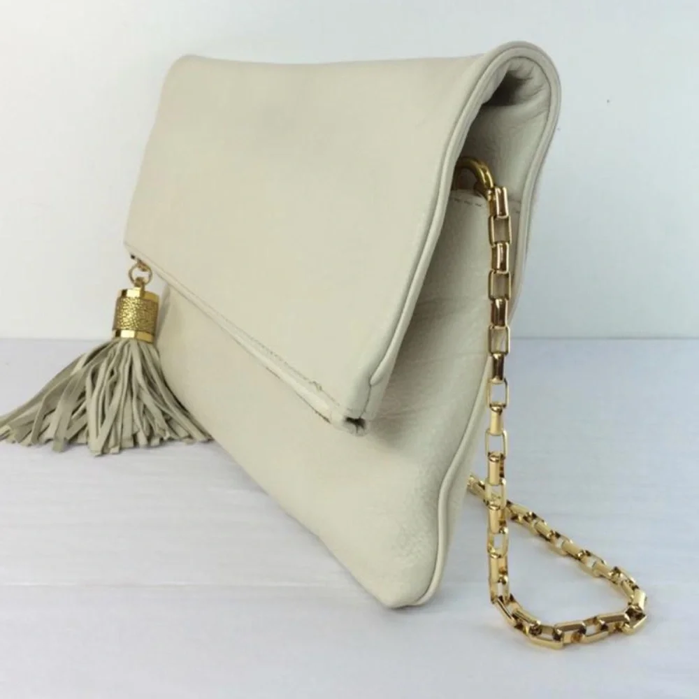 Michael Kors Collection Tonne Large Foldover Tassel Clutch Ecru Leather NWT